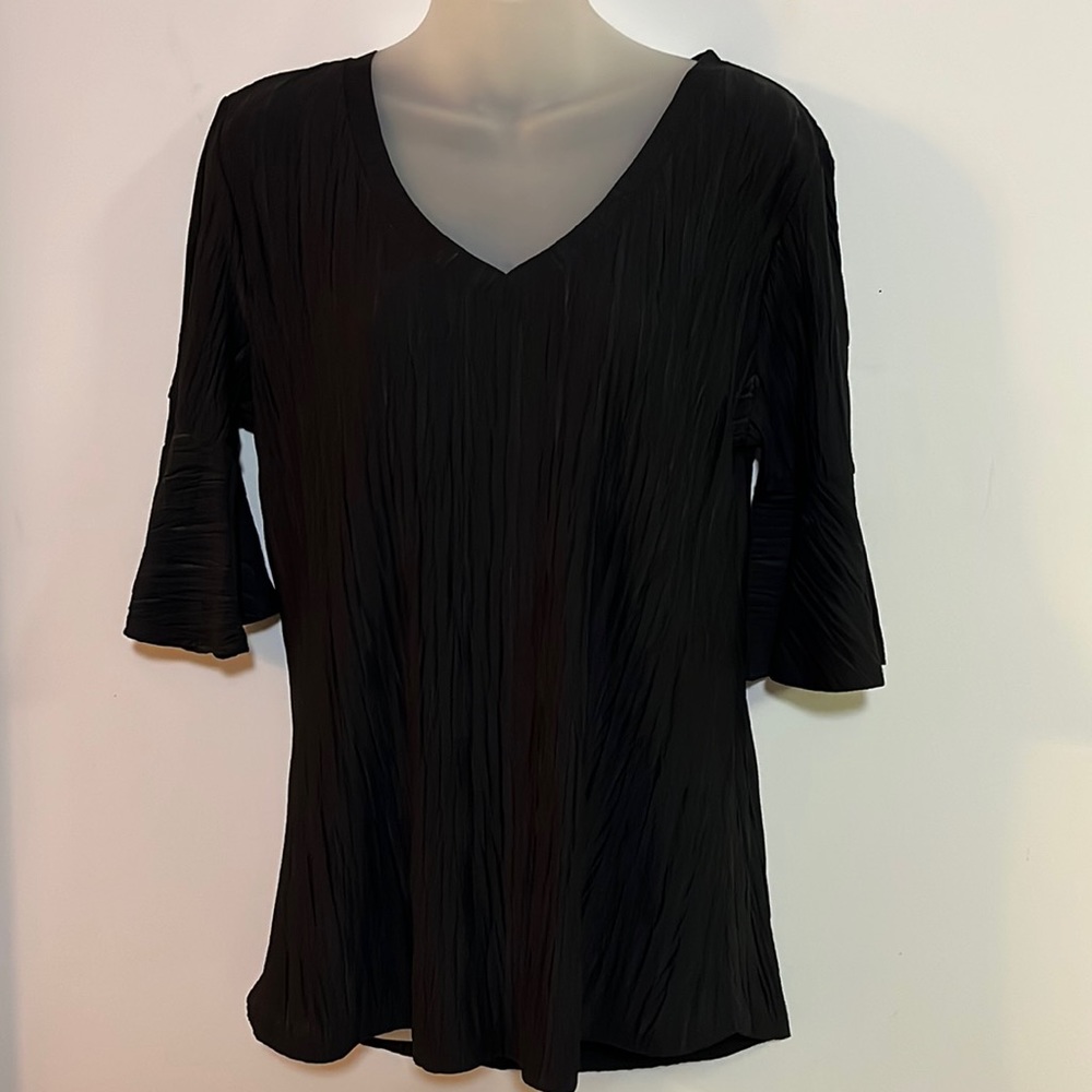 Hilary Radley for Katherine Barclay Pleated V-Neck Bell Sleeve Blouse Black